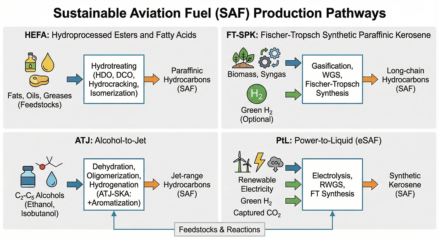 Feedstock Quality and Conversion Efficiency as Key Determinants of Sustainable Aviation Fuel Production: Pathways, Reactions, and Challenges